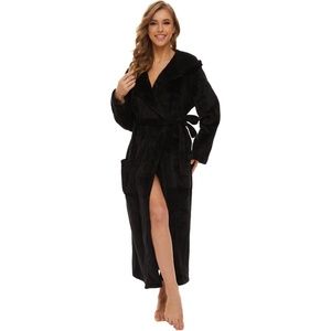 Mnemo Womens Black Hooded Fleece Bathrobe - Size L